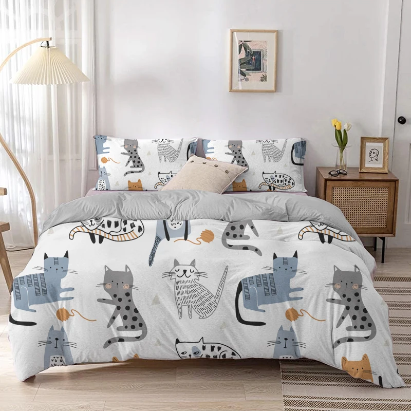 Linen Duvet Cover - Set copripiumino Cartoon Cat Set biancheria